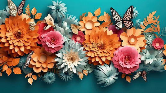 花蓝花背景图片_纸花喜悦 纸制花朵和蝴蝶的令人惊叹的 3D 渲染