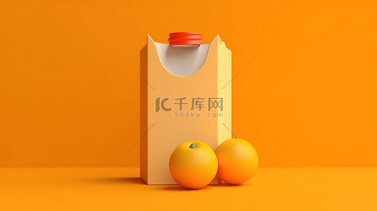 单色牛奶和果汁纸盒的 3D 渲染，带有鲜艳橙色背景的盖子