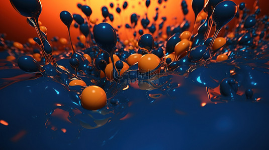 动态橙色水滴在 3D 蓝色抽象背景上翱翔 令人惊叹的 3D 渲染