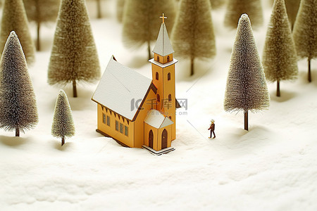 微型圣诞教堂和雪地上的一些树木
