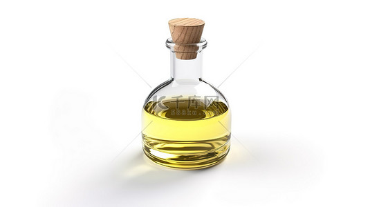 白色背景上带有软木塞的小型橄榄油醒酒器的 3D 渲染