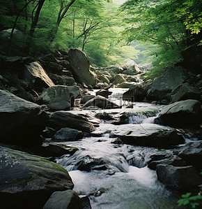 一条小溪流过散布在树林里的巨石