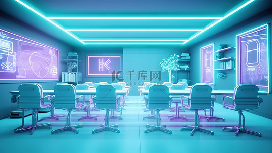 游戏世界背景图片_无人居住的教室的 3D 插图，配有桌椅白板和霓虹灯