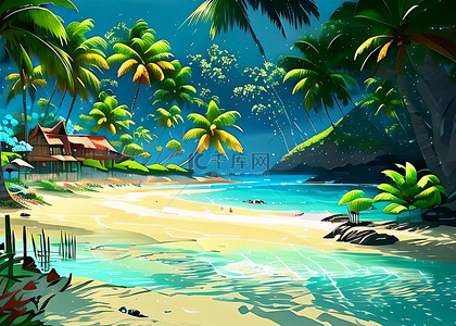 海滩椰树卡通背景图片_海滩海滨椰树插画树木