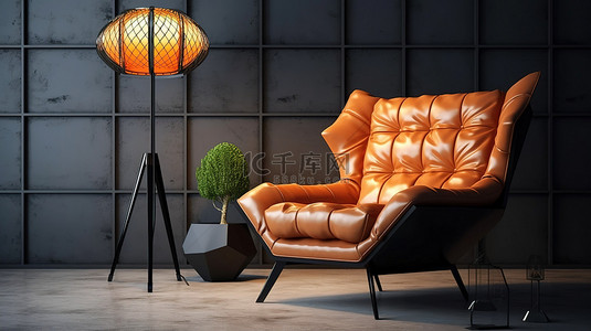 时尚的皮革扶手椅，配有时尚的落地灯，位于城市阁楼环境中，以 3D 渲染