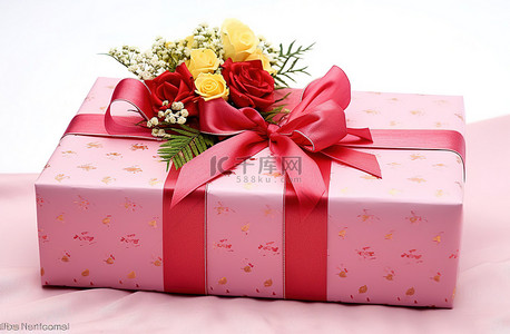 一个粉红色的盒子和黄色丝带，上面有一朵红色的花