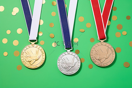 三枚奖牌和奖章坐在绿色背景上