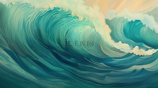 蓝色和绿色画笔描边纹理背景上日本海洋波浪图案的复古 3D 插图