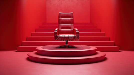 光滑的红色皮革行政椅，圆形白色底座，带有台阶和 3D 渲染的红地毯