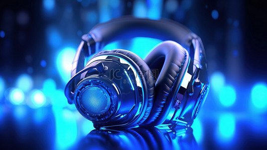 蓝色霓虹灯下发光的耳机的特写 3D 插图