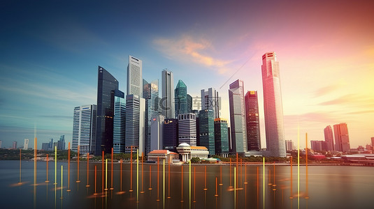 新加坡蓬勃发展的经济景观的 3D 渲染，用于信息图表和社交媒体帖子