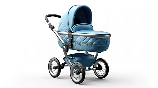 蓝色婴儿车婴儿车和婴儿车的当代白色背景 3D 渲染