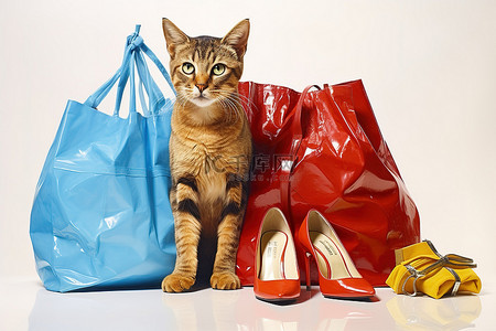 一只猫面前放着一个购物袋和一袋鞋子