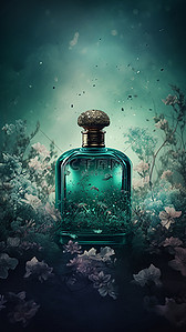 漂亮的香水瓶背景图片_香水绿色花瓣