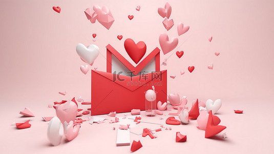 粉红色卡通气球背景图片_情人节卡通框架在 3d 渲染情书