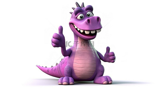 有趣的 3d 紫色恐龙竖起大拇指