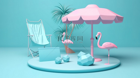 夏季遮阳伞背景图片_3d 渲染的讲台上的 5 个基本夏季元素沙滩椅遮阳伞充气蓝色火烈鸟和适合产品展示的游泳池