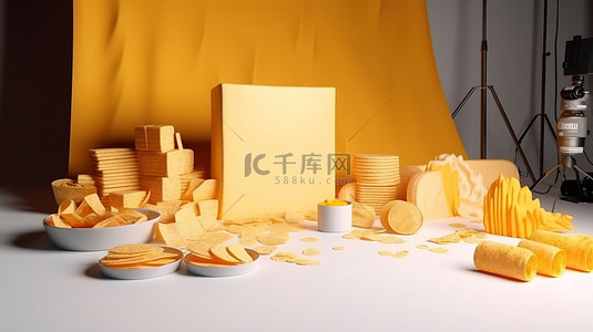 弯曲薯片背景图片_工作室渲染的卡通奶酪展示背景非常适合零食薯片和奶酪