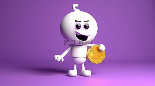 紫色背景的 3D 渲染，卡通白色人物拿着金币