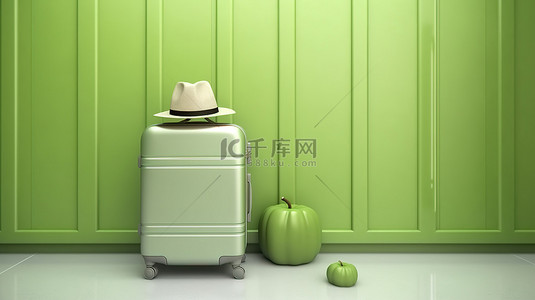 青苹果墙上手提箱帽子和太阳镜的新鲜旅行概念 3D 渲染