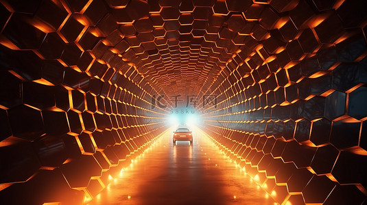蓝色方块背景背景图片_照亮隧道中的六边形交通 3D 渲染