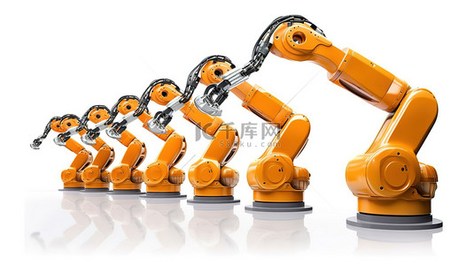 白色背景描绘了自动化行业中的 3D 渲染机器人手臂