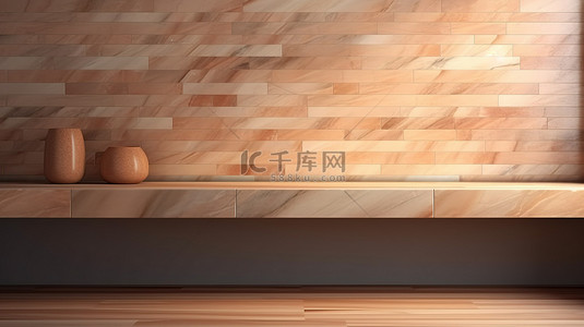 空厨房柜台上前视大理石台面和棕色瓷砖墙的 3D 渲染
