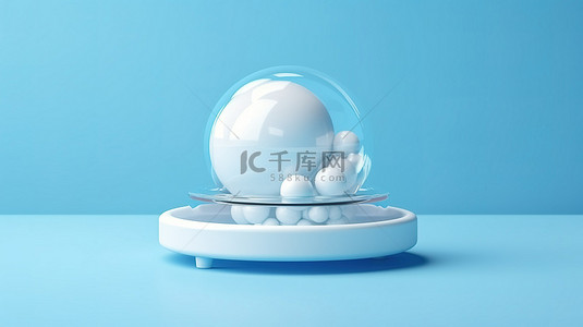 蓝色背景上清晰的雪球，带有白色托盘 3D 渲染