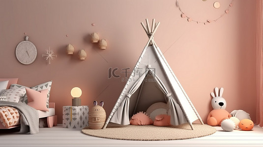儿童房室内设计，配有墙壁 d Cor 帐篷和玩具收藏 3D 渲染