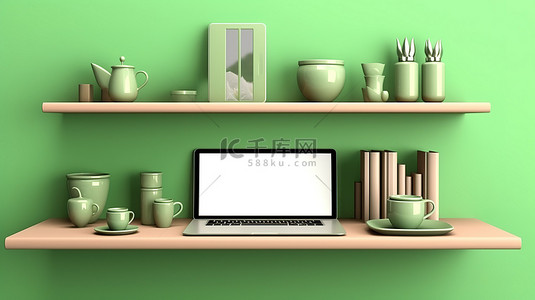 绿色架子，配有笔记本电脑手机和平板电脑 3D 插图，用于横幅背景