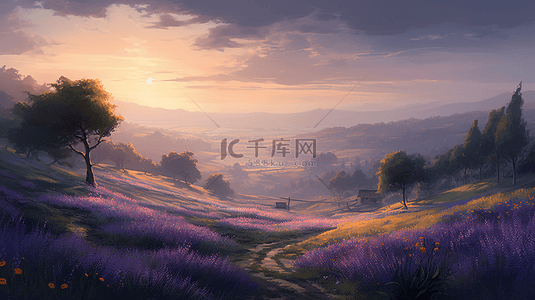 紫色花朵背景背景图片_薰衣草花树田野天空自然背景