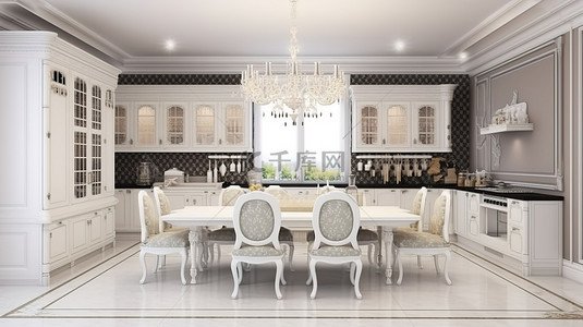 传统厨房 3D 渲染中优雅的用餐区和白色厨房家具