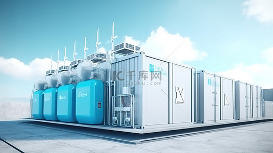 3d 渲染白色背景下由可再生能源存储氢气供电的清洁电力设施