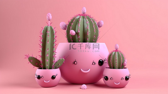 粉红色背景下 3D 渲染的可爱仙人掌卡通模型