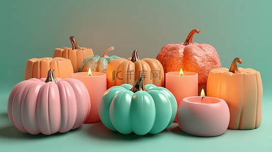 秋天海报背景图片_柔和的彩色背景与 3d 渲染南瓜和蜡烛