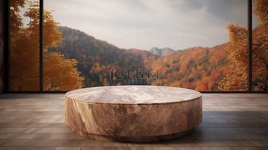 墙展示背景图片_用于产品展示的豪华棕色大理石桌子的自然启发 3D 渲染