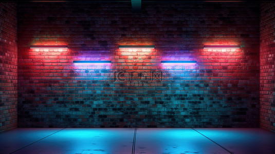 带光感的墙背景图片_带未来霓虹灯的垃圾砖墙房间的 3D 渲染