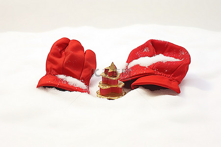 雪下放着两顶带手套和礼物的红色圣诞帽