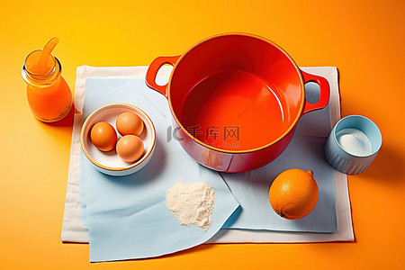 橙色厨房水槽，配有烘焙配料