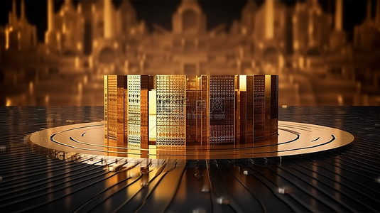 木制饰品背景图片_kaaba 启发了金色建筑和 3d 木制讲台渲染
