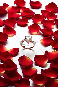 白色背景摄影中红色花瓣的订婚戒指