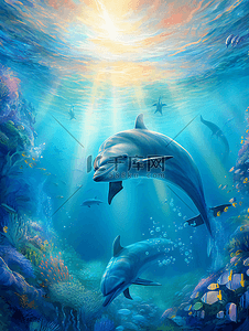 海豚背景图片_海底世界日光海豚热带鱼广告背景