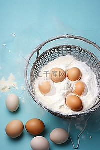鸡蛋面粉糖香料黄油和鸡蛋放在篮子里