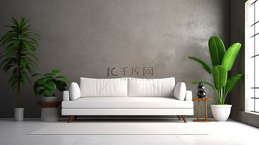 简约风格客厅中的白色布艺沙发 3D 渲染设计
