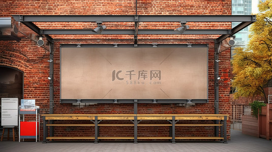 金属桁架系统上户外砖墙广告横幅的 3D 渲染