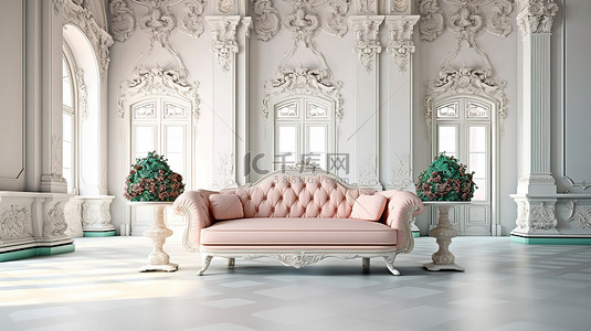 豪华座椅背景图片_优雅的巴洛克式沙发，采用复古内饰，配有华丽的造型装饰檐口和大理石地板 3D 渲染