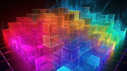 3d 中的透明方形立方体放置在充满活力的彩虹背景上，创造出几何图案