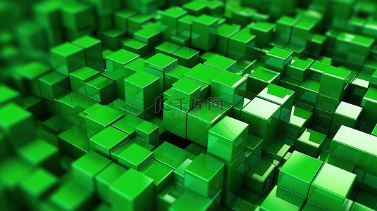 3D 渲染中的绿色游戏背景抽象 3D 方形像素模板