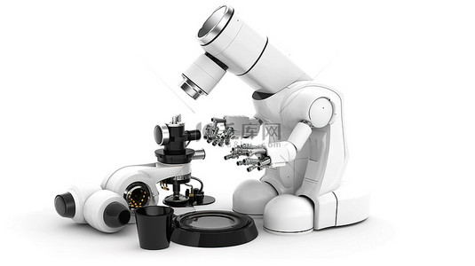 在白色背景下进行 3D 渲染的机器人显微镜工作者