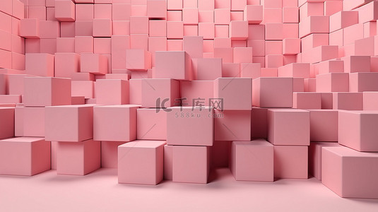 柔和的粉红色立方体是设计师地板背景上彩色方框堆栈的 3D 渲染
